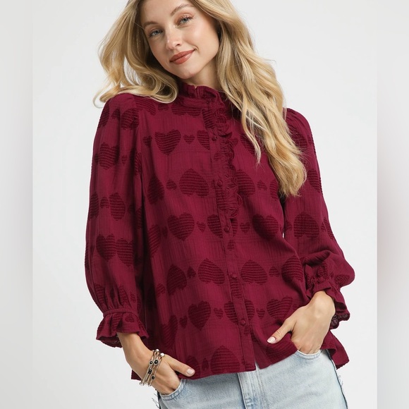 Umgee Heart Jacquard Ruffle Trim Shirt in Burgundy - Picture 1 of 6